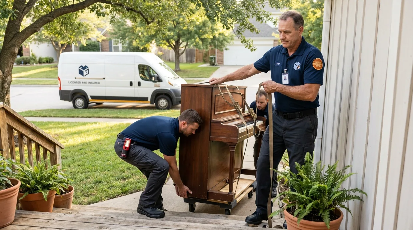 Licensed piano movers securing grand piano in Davis Junction, IL