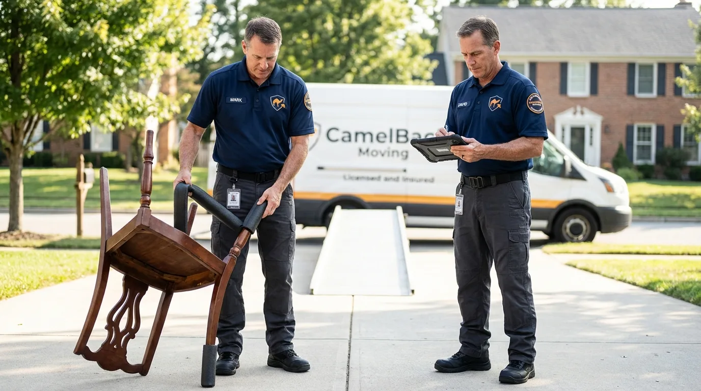 Movers inspecting furniture for damage prevention before loading in Davis Junction, IL